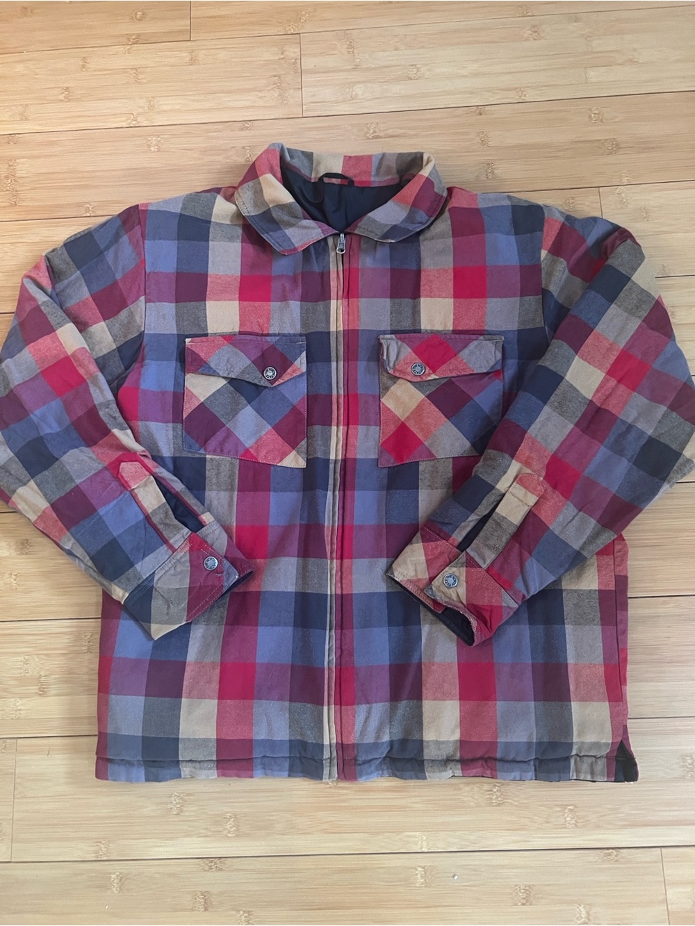 The North Face reversible padded jacket black and buffalo plaid flannel Large